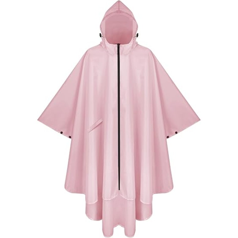 Hooded Rain Poncho for Adult with Pocket and Zipper, Waterproof Lightweight Raincoat for Men and Women
