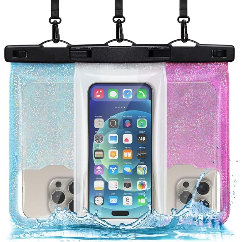 Waterproof Phone Pouch - 3 Pack Shining Dazzling TPU Waterproof Phone Case with Lanyard - Fit iPhone Up to 7.2"